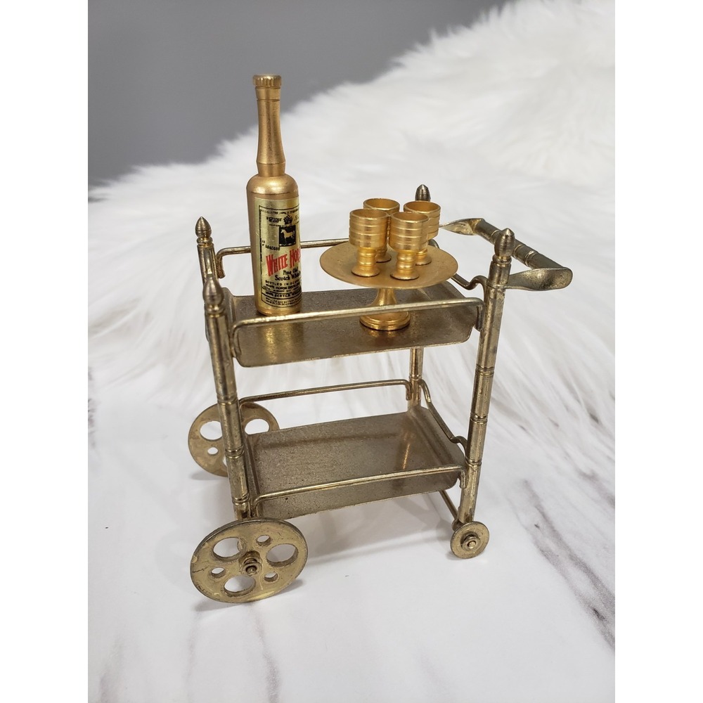 Miniature Metal Brass‎ Serving Cart Dollhouse 1:12 Scale Cups Bottle Tray Wine